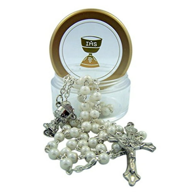 24 Inch First Communion White Rosary Bead Necklace with Chalice Centerpiece and Heart Detailed Crucifix 